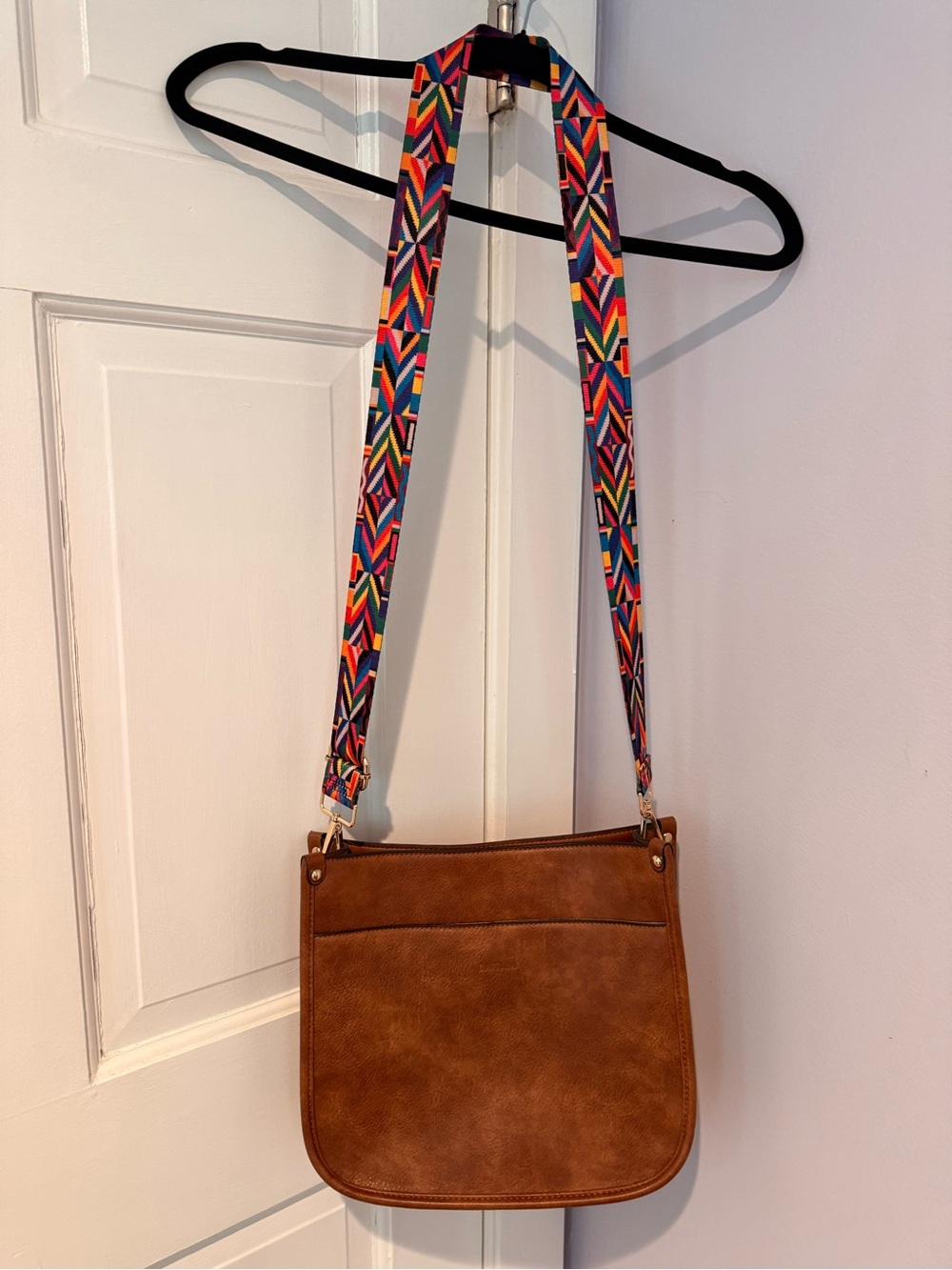 Brown Crossbody Bag with Colorful Adjustable Strap